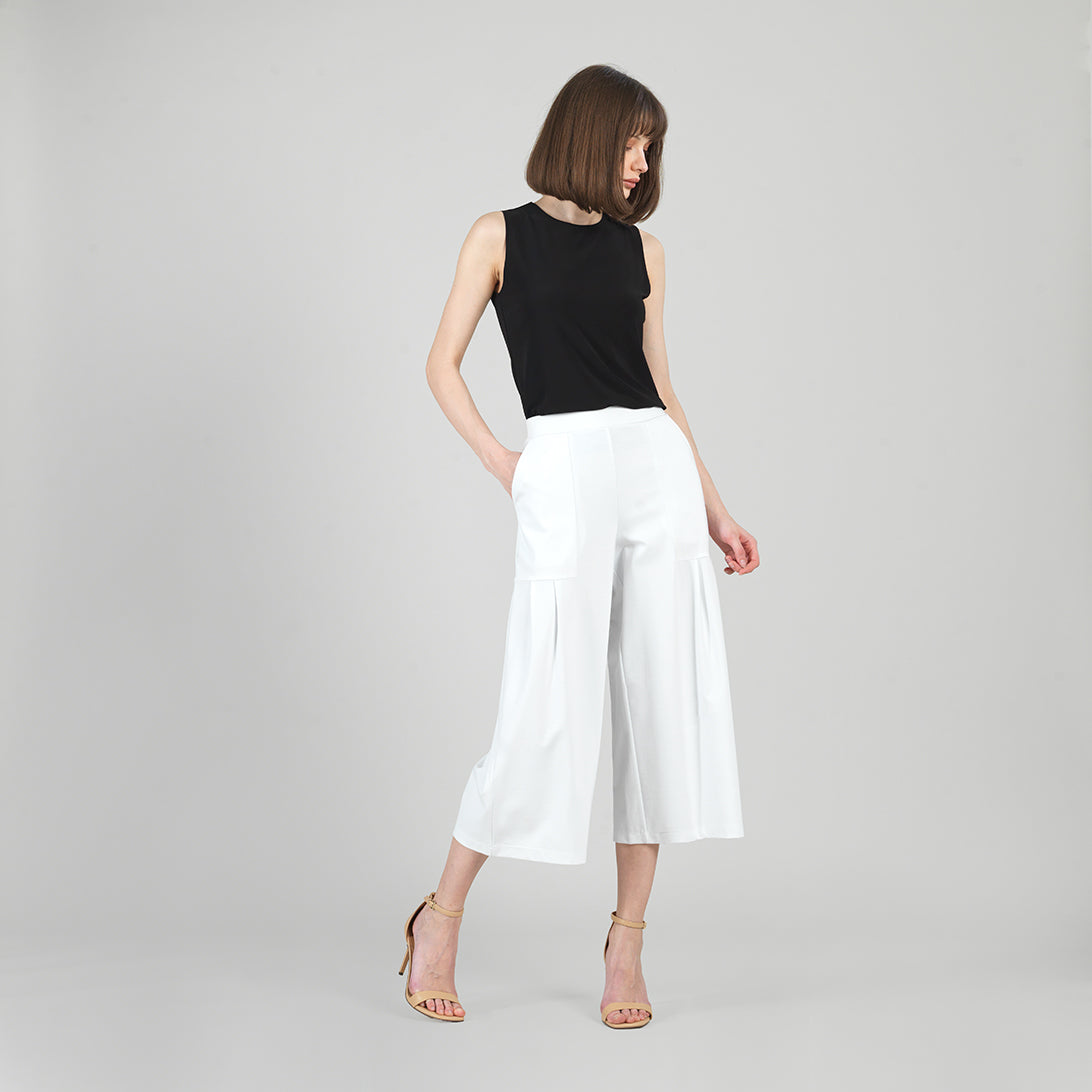 Clara Sunwoo Value - Rayon-Ponte Knit - Pleated Gaucho Pocket Pant - White - Final Sale