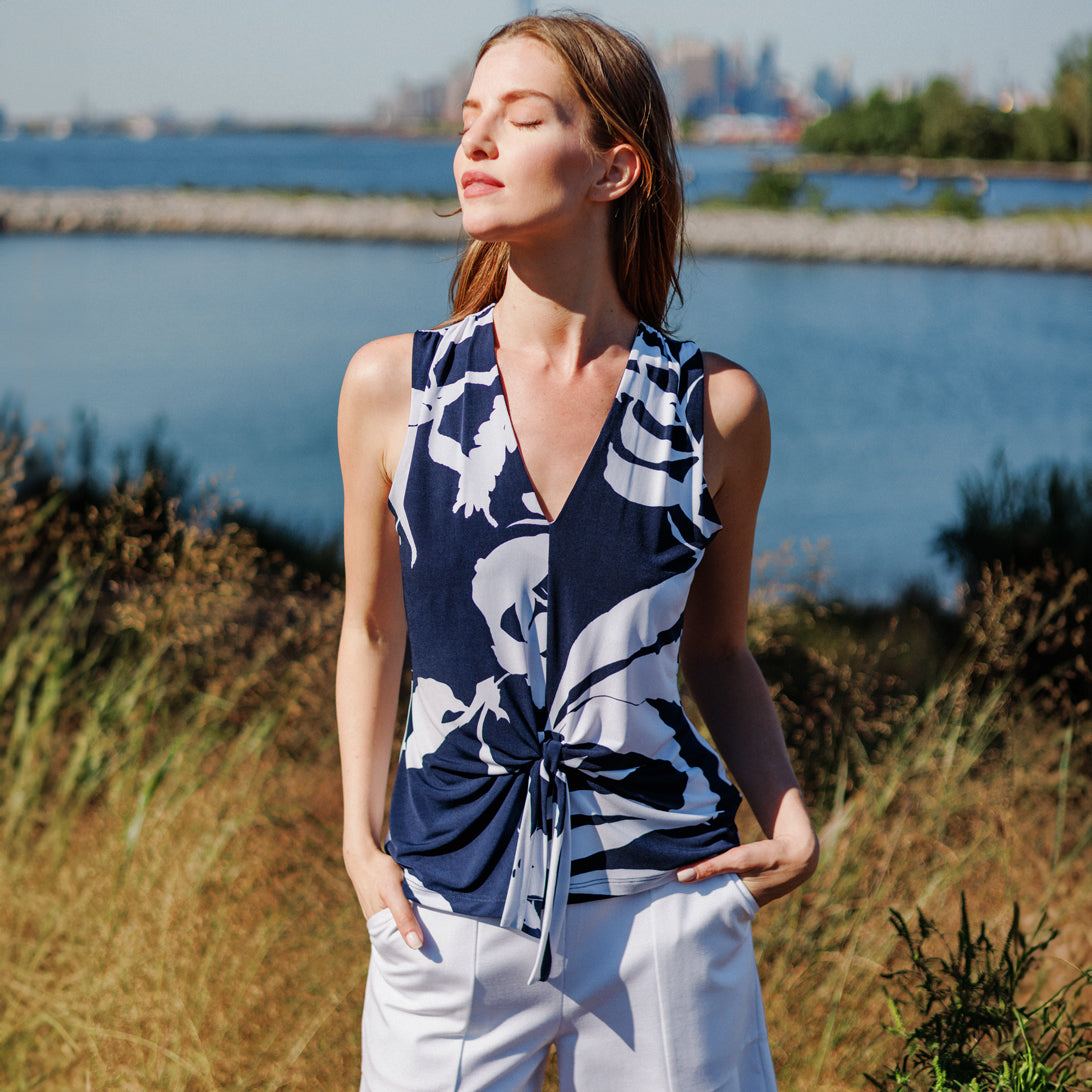 Clara Sunwoo Featured - Sleeveless V-Neck Center Front Tie Top - Abstract Branch - Final Sale