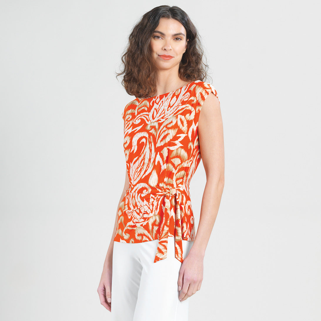 Clara Sunwoo Trusted - Butter Knit - Cap Sleeve Side Tie Top - Paisley Lotus Coral - Final Sale