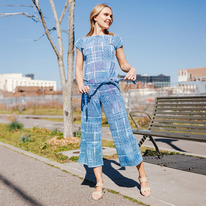 Clara Sunwoo Essential - Textured Cap Sleeve Tie Hem Top - Denim Plaid - Final Sale
