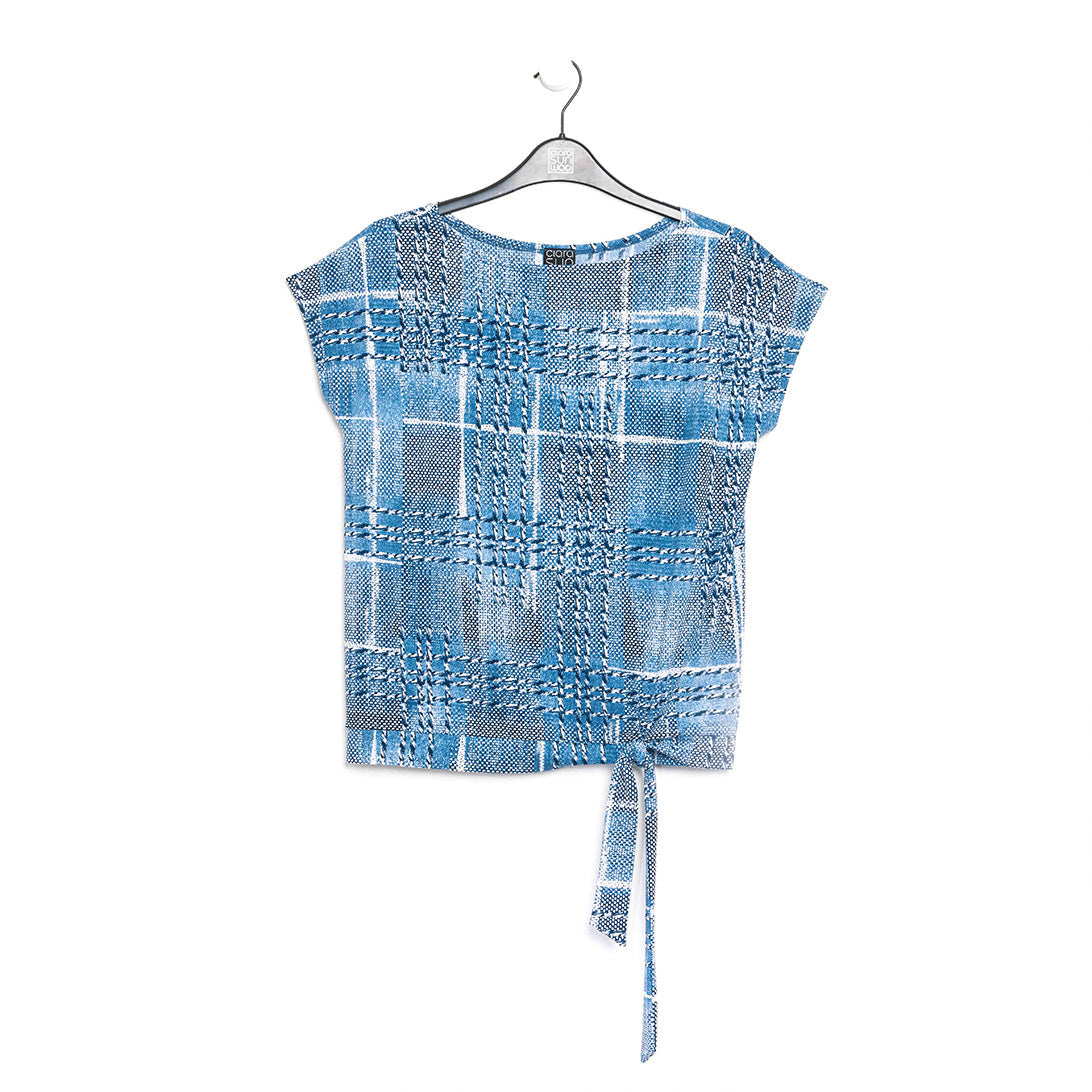 Clara Sunwoo Essential - Textured Cap Sleeve Tie Hem Top - Denim Plaid - Final Sale