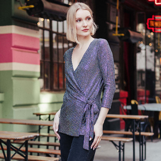 Clara Sunwoo Essential - Shimmer Sequin - Faux Wrap Side Tie Tunic - Silver Pinstripe - Finale Sale