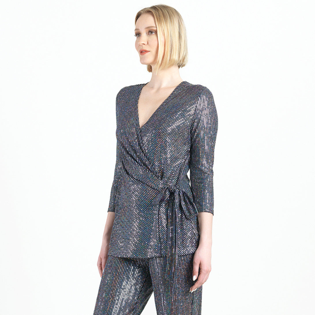 Clara Sunwoo Essential - Shimmer Sequin - Faux Wrap Side Tie Tunic - Silver Pinstripe - Finale Sale