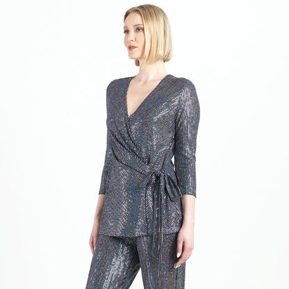 Clara Sunwoo Essential - Shimmer Sequin - Faux Wrap Side Tie Tunic - Silver Pinstripe - Finale Sale