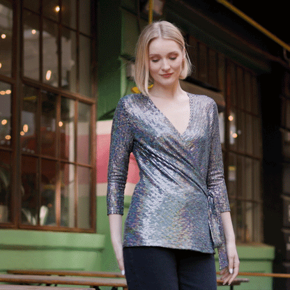 Clara Sunwoo Essential - Shimmer Sequin - Faux Wrap Side Tie Tunic - Silver Pinstripe - Finale Sale