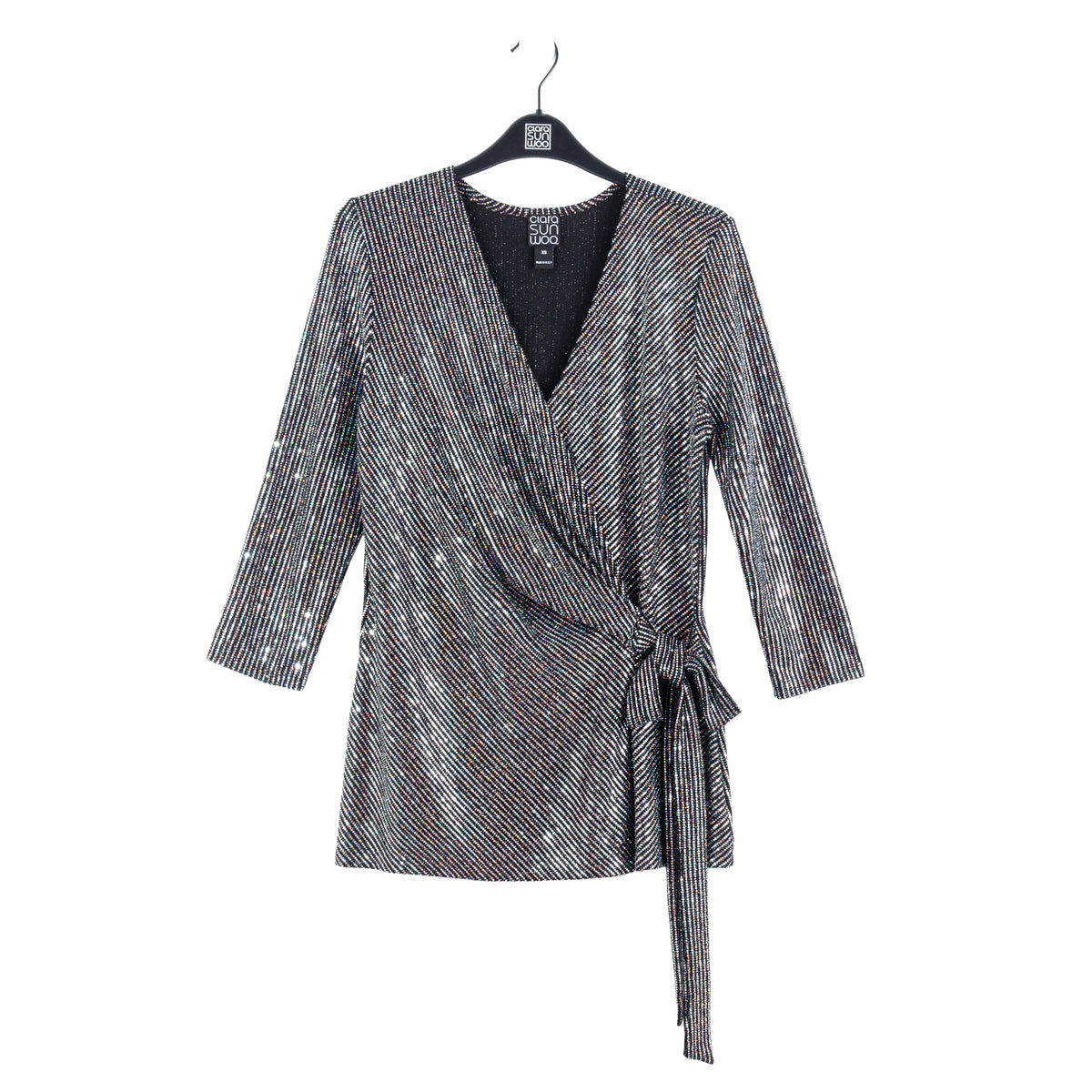 Clara Sunwoo Essential - Shimmer Sequin - Faux Wrap Side Tie Tunic - Silver Pinstripe - Finale Sale