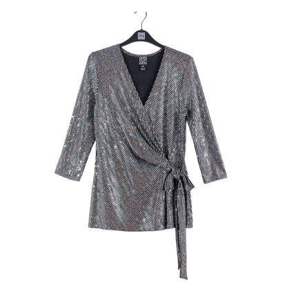 Clara Sunwoo Essential - Shimmer Sequin - Faux Wrap Side Tie Tunic - Silver Pinstripe - Finale Sale