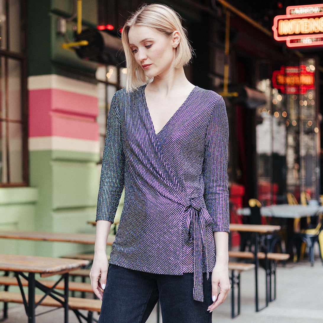 Clara Sunwoo Essential - Shimmer Sequin - Faux Wrap Side Tie Tunic - Silver Pinstripe - Finale Sale