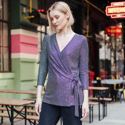 Clara Sunwoo Essential - Shimmer Sequin - Faux Wrap Side Tie Tunic - Silver Pinstripe - Finale Sale