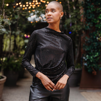 Clara Sunwoo Best Price - Shimmer Embellished - High Boat Neck Side Draped Top - Black - Final Sale!