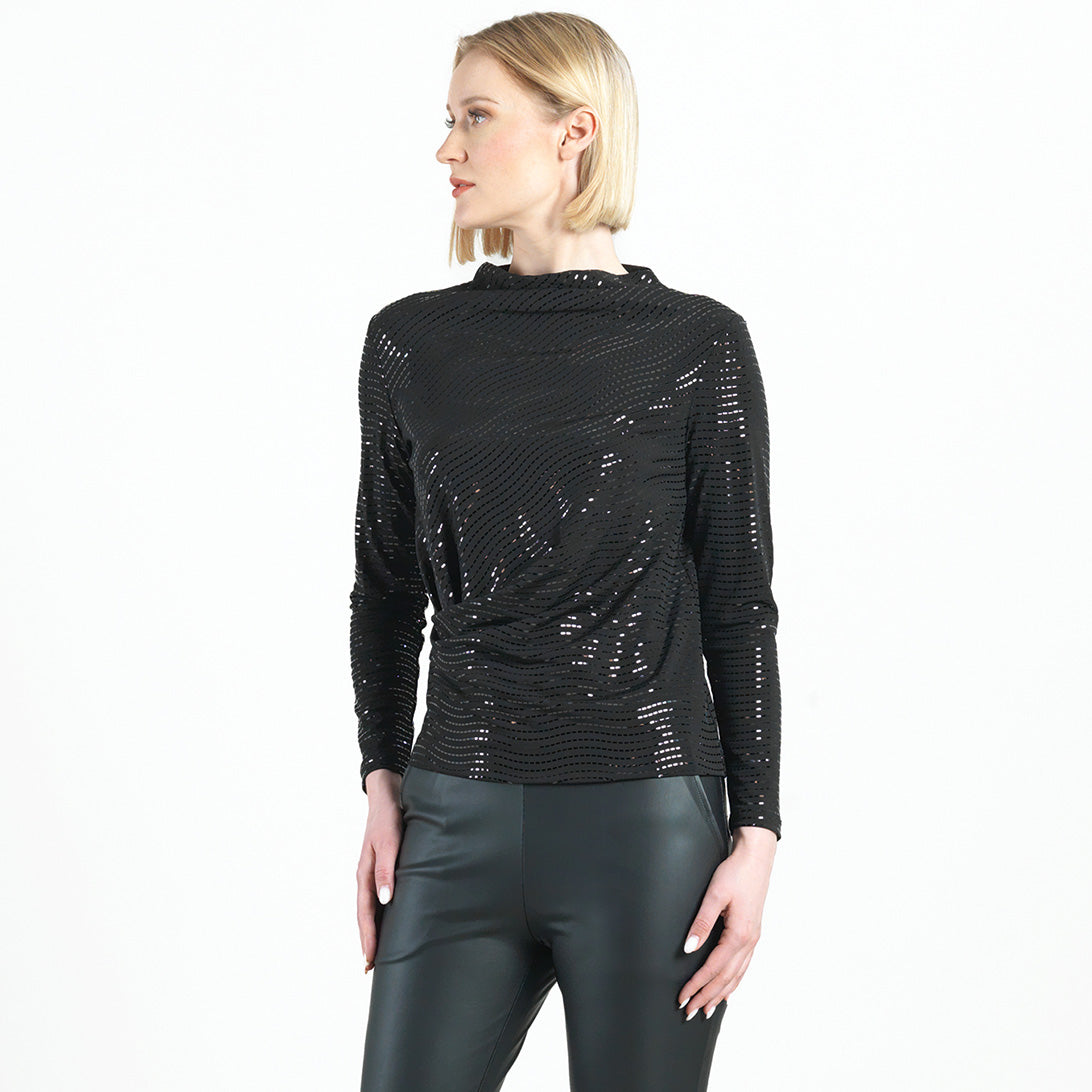 Clara Sunwoo Best Price - Shimmer Embellished - High Boat Neck Side Draped Top - Black - Final Sale!