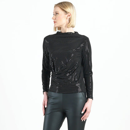 Clara Sunwoo Best Price - Shimmer Embellished - High Boat Neck Side Draped Top - Black - Final Sale!