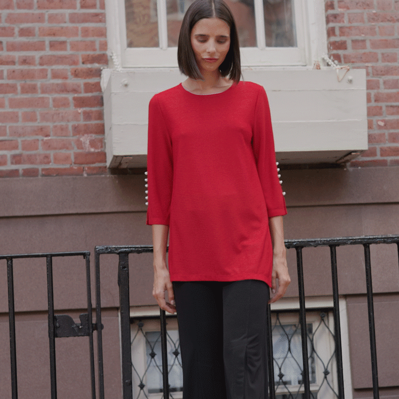 Clara Sunwoo Trusted - Glimmer Speck - Pearl Cuff Asymmetrical Reverse Hi-Low Tunic - Red - Final Sale!