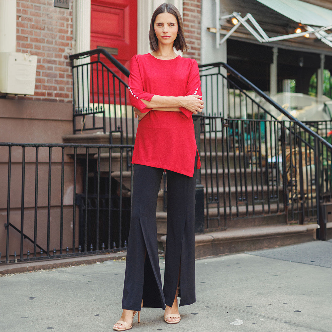 Clara Sunwoo Trusted - Glimmer Speck - Pearl Cuff Asymmetrical Reverse Hi-Low Tunic - Red - Final Sale!