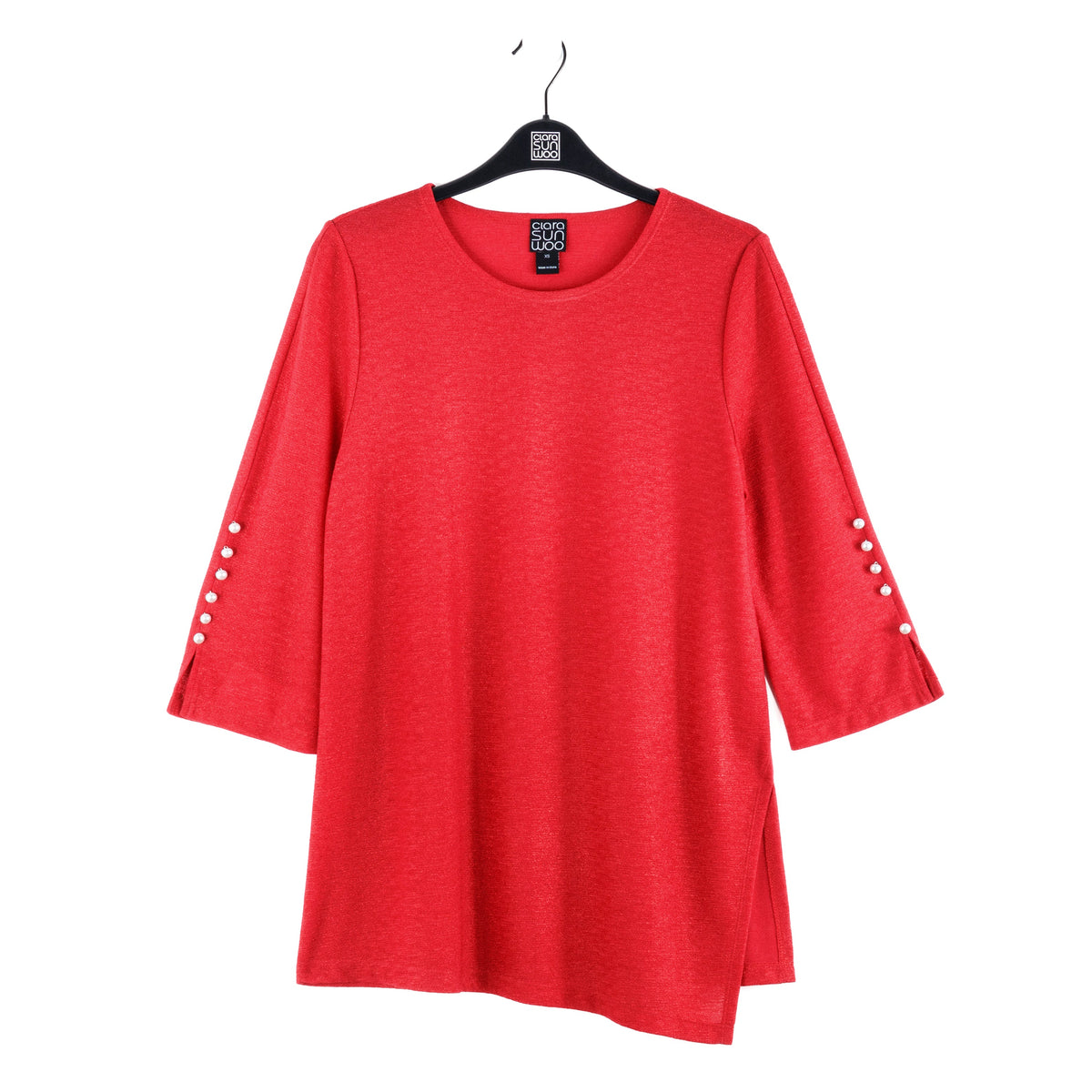Clara Sunwoo Trusted - Glimmer Speck - Pearl Cuff Asymmetrical Reverse Hi-Low Tunic - Red - Final Sale!