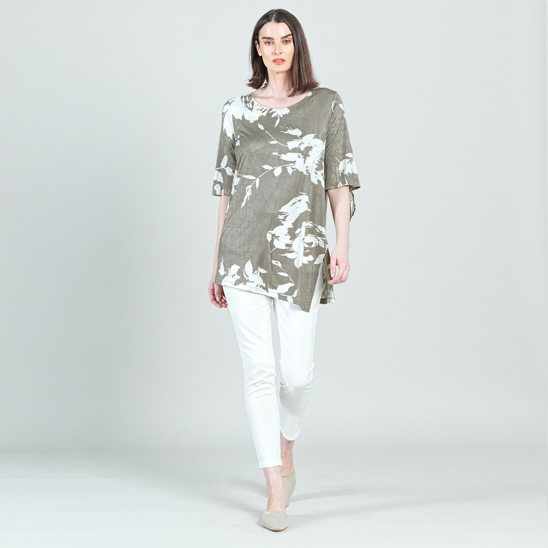 Clara Sunwoo Classic - Crushed Silk Knit - Tie Cuff Asymmetrical Vent Tunic - Dreamy Floral-Taupe - Final Sale