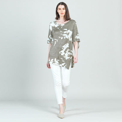 Clara Sunwoo Classic - Crushed Silk Knit - Tie Cuff Asymmetrical Vent Tunic - Dreamy Floral-Taupe - Final Sale