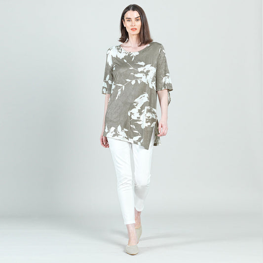 Clara Sunwoo Classic - Crushed Silk Knit - Tie Cuff Asymmetrical Vent Tunic - Dreamy Floral-Taupe - Final Sale