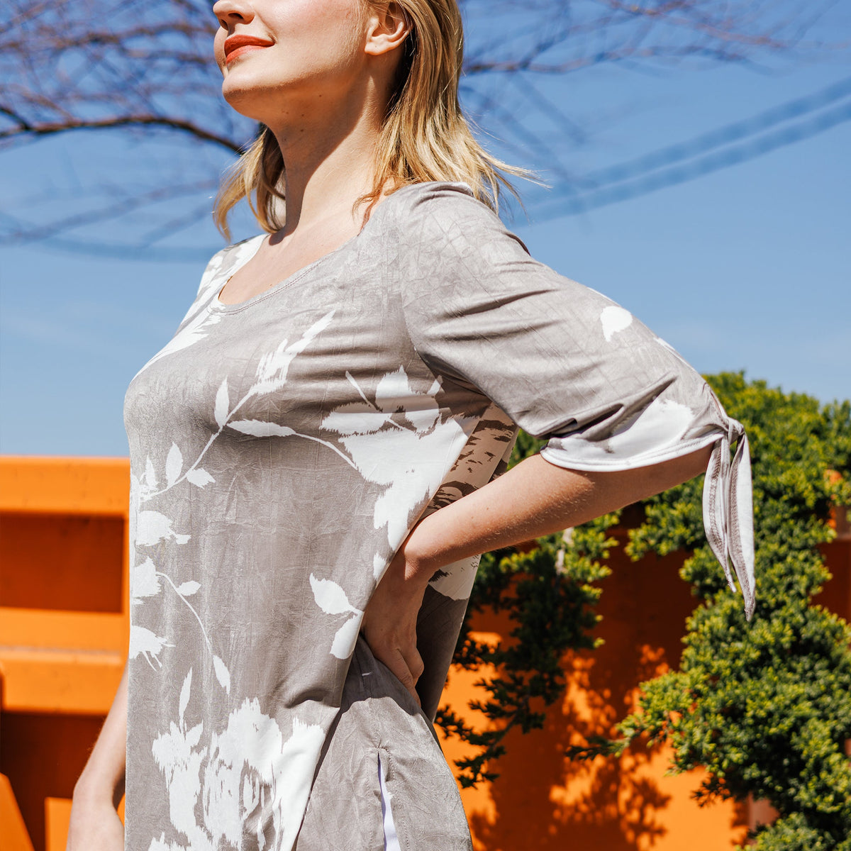 Clara Sunwoo Classic - Crushed Silk Knit - Tie Cuff Asymmetrical Vent Tunic - Dreamy Floral-Taupe - Final Sale