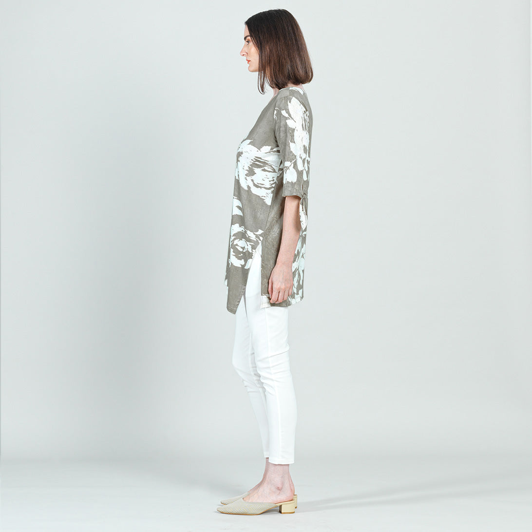 Clara Sunwoo Classic - Crushed Silk Knit - Tie Cuff Asymmetrical Vent Tunic - Dreamy Floral-Taupe - Final Sale