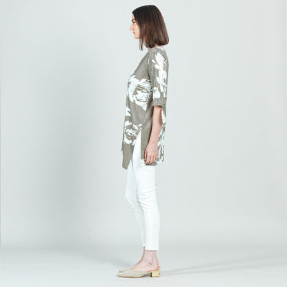 Clara Sunwoo Classic - Crushed Silk Knit - Tie Cuff Asymmetrical Vent Tunic - Dreamy Floral-Taupe - Final Sale