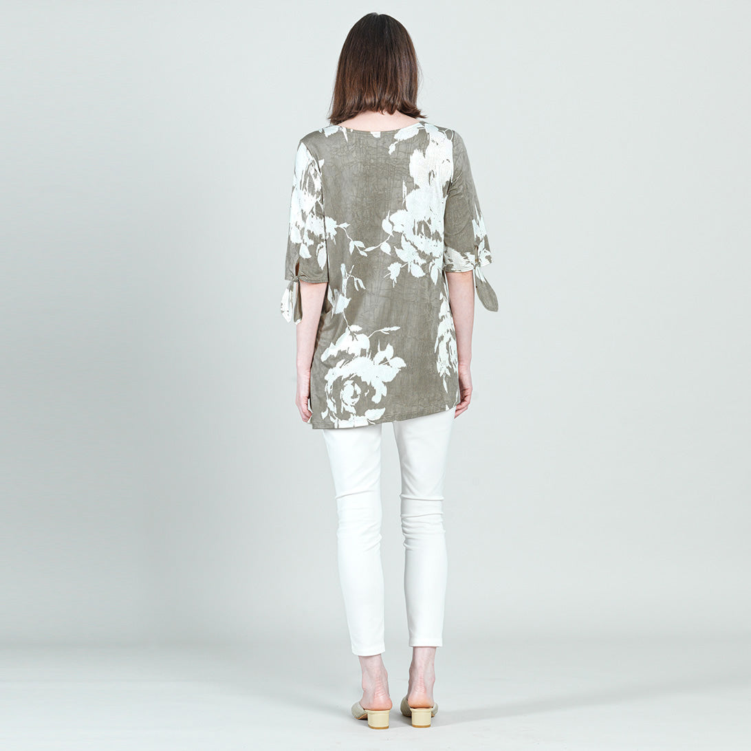 Clara Sunwoo Classic - Crushed Silk Knit - Tie Cuff Asymmetrical Vent Tunic - Dreamy Floral-Taupe - Final Sale