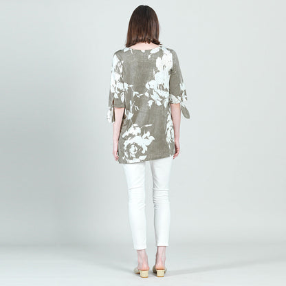 Clara Sunwoo Classic - Crushed Silk Knit - Tie Cuff Asymmetrical Vent Tunic - Dreamy Floral-Taupe - Final Sale
