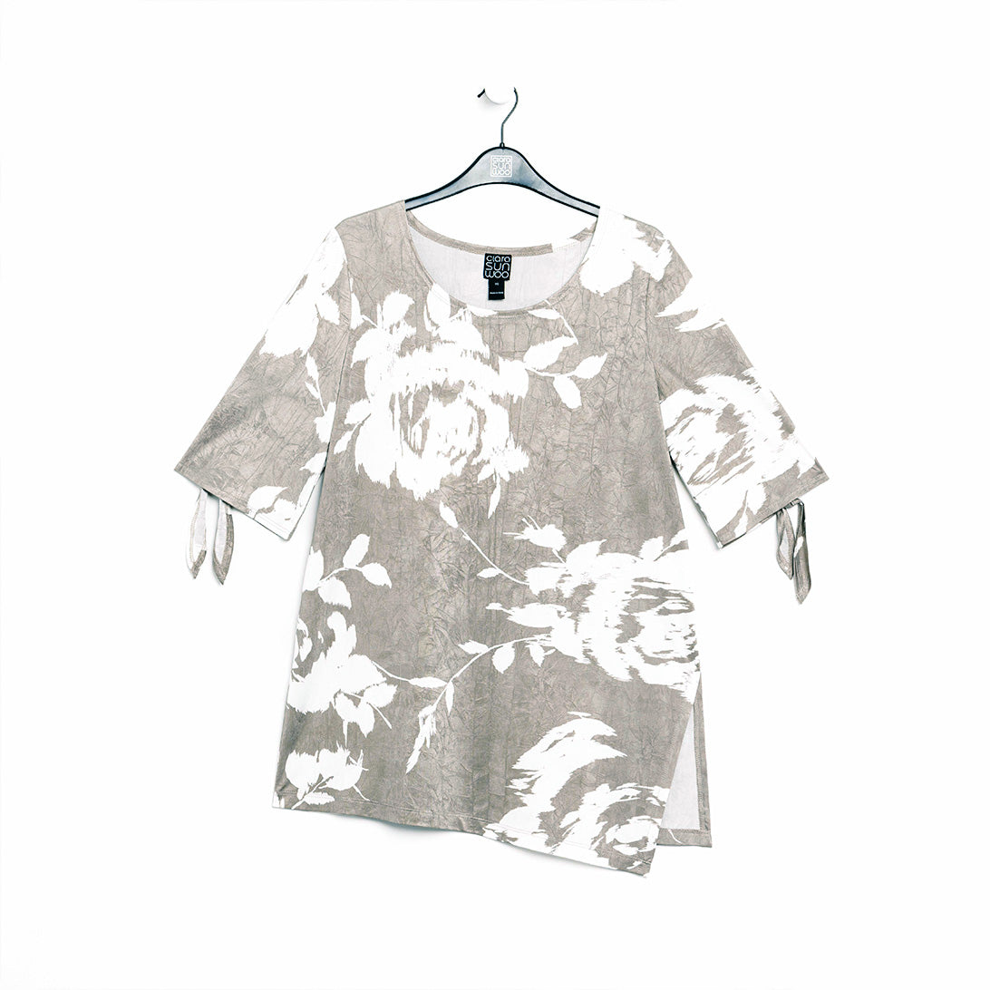 Clara Sunwoo Classic - Crushed Silk Knit - Tie Cuff Asymmetrical Vent Tunic - Dreamy Floral-Taupe - Final Sale