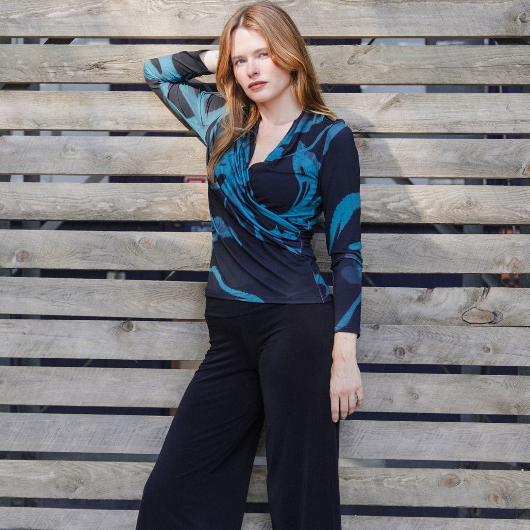 Clara Sunwoo Classic - V-Neck Draped Pleat Top - Floral Eclipse - Final Sale