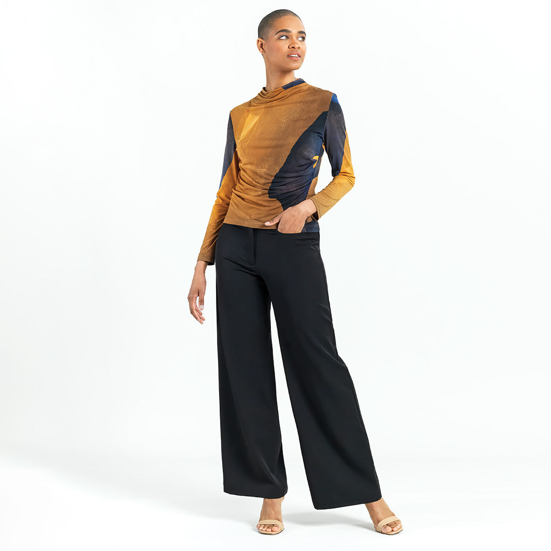 Clara Sunwoo Great Value - Draped Neck Side Ruched Top - Tan Watercolor - Final Sale!