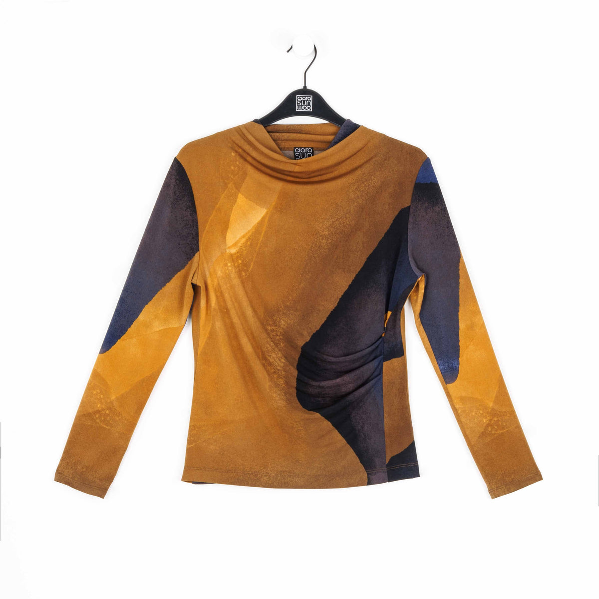Clara Sunwoo Great Value - Draped Neck Side Ruched Top - Tan Watercolor - Final Sale!