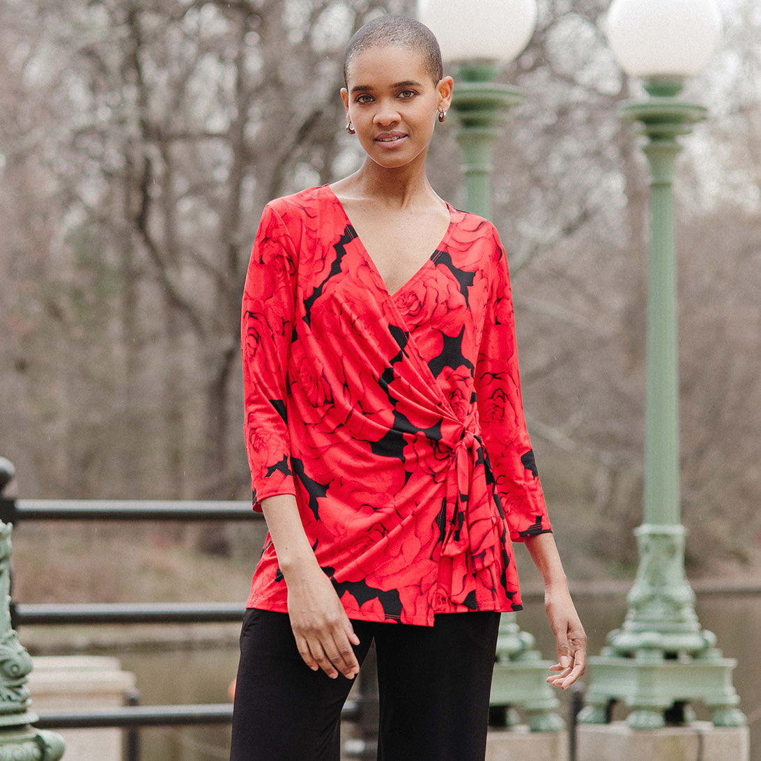 Clara Sunwoo New - Surplice Faux Wrap Side Tie Tunic - Rose Floret - Final Sale!