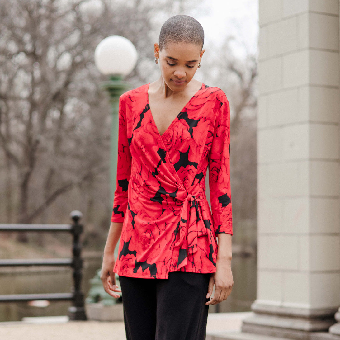 Clara Sunwoo New - Surplice Faux Wrap Side Tie Tunic - Rose Floret - Final Sale!