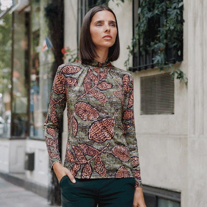 Clara Sunwoo Hot Sale - Mock Neck Pleated Detail Top - Mosaic Leaves - Final Sale!