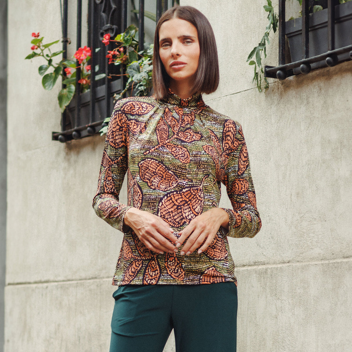 Clara Sunwoo Hot Sale - Mock Neck Pleated Detail Top - Mosaic Leaves - Final Sale!