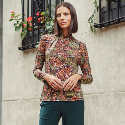 Clara Sunwoo Hot Sale - Mock Neck Pleated Detail Top - Mosaic Leaves - Final Sale!