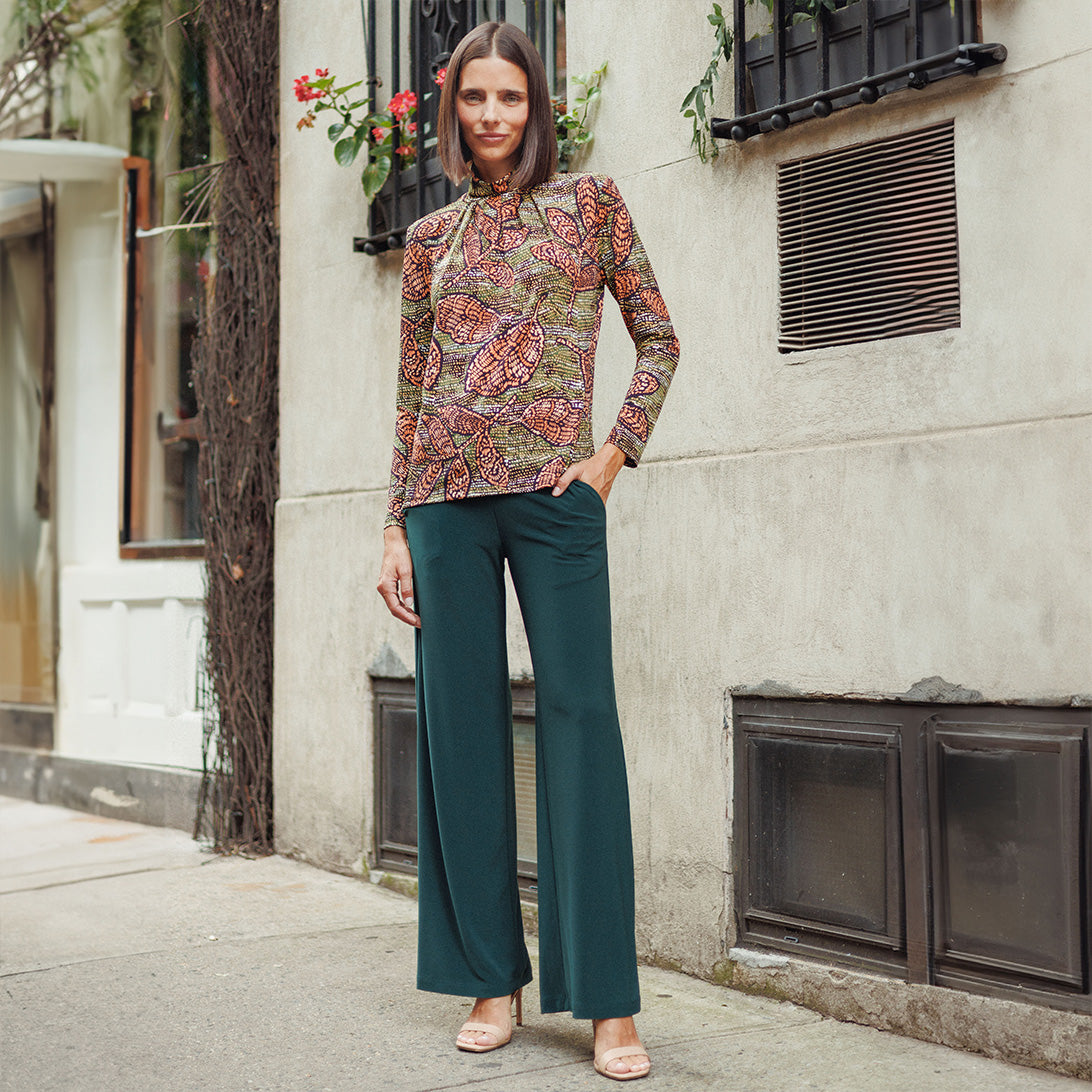 Clara Sunwoo Hot Sale - Mock Neck Pleated Detail Top - Mosaic Leaves - Final Sale!