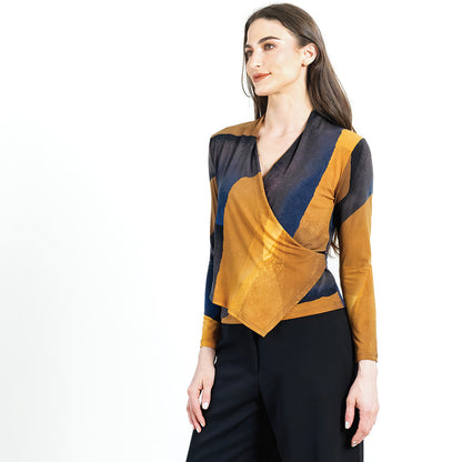 Clara Sunwoo Exclusive - Long Sleeve Crossover Faux Wrap Top - Tan Watercolor - Final Sale!