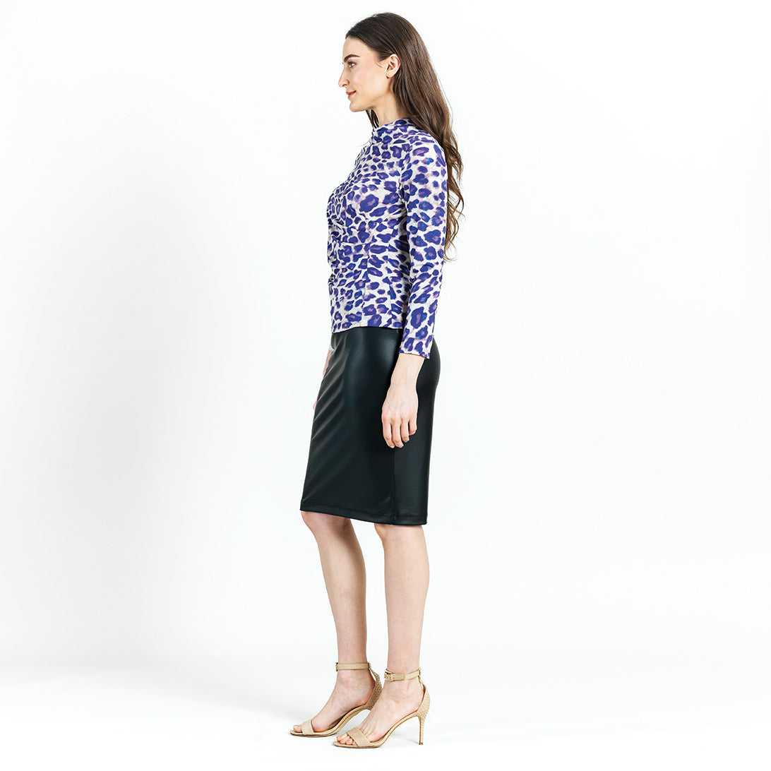 Clara Sunwoo Featured - Foil Knit - Draped Neck Side Ruched Top - Plum Cheetah - Final Sale!