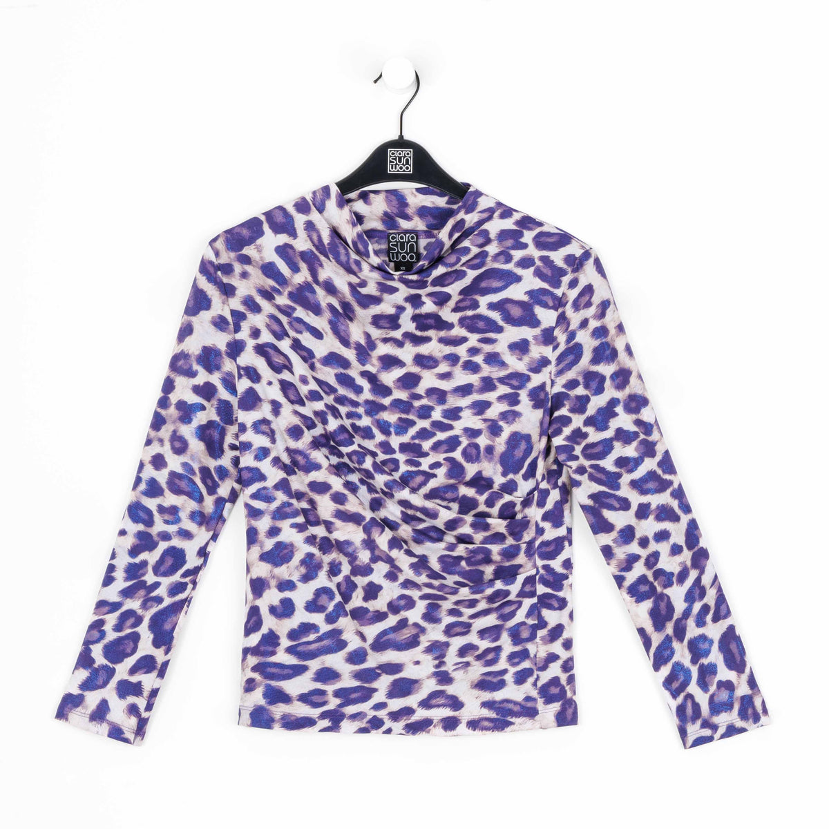 Clara Sunwoo Featured - Foil Knit - Draped Neck Side Ruched Top - Plum Cheetah - Final Sale!