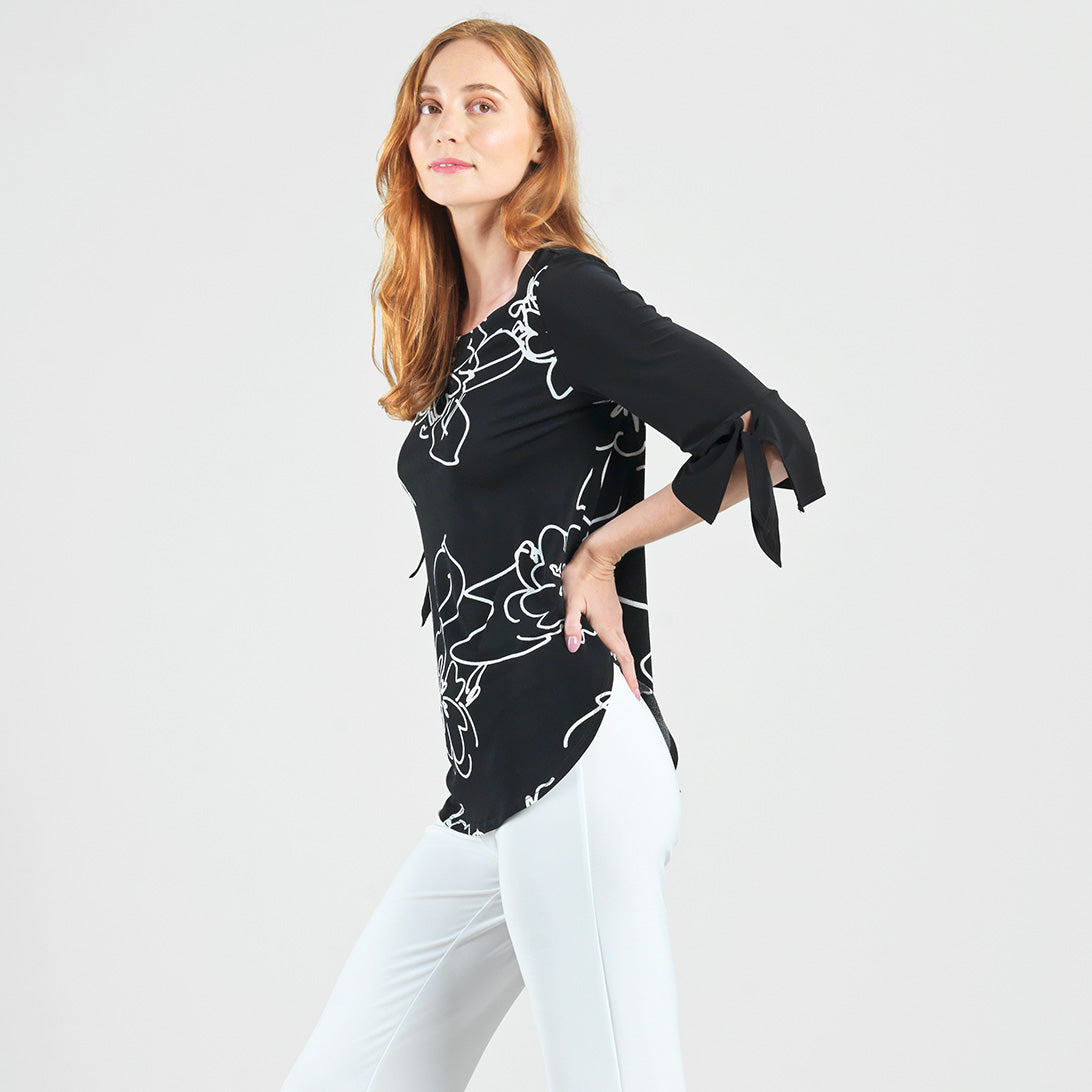 Clara Sunwoo Top Pick - Crepe Knit - Tie Cuff Curved Hem Tunic - Blossom Sketch - Final Sale